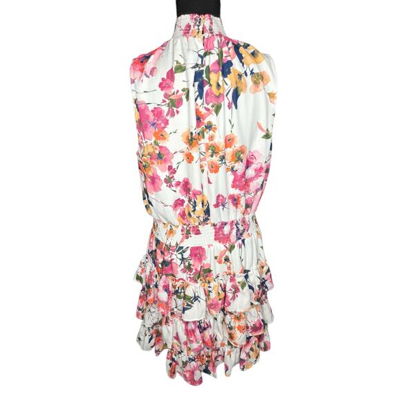 Sam And Jess NWT Tiered Mini Dress Size L White Pink Peach Smocked Sleeveless - Picture 2 of 8